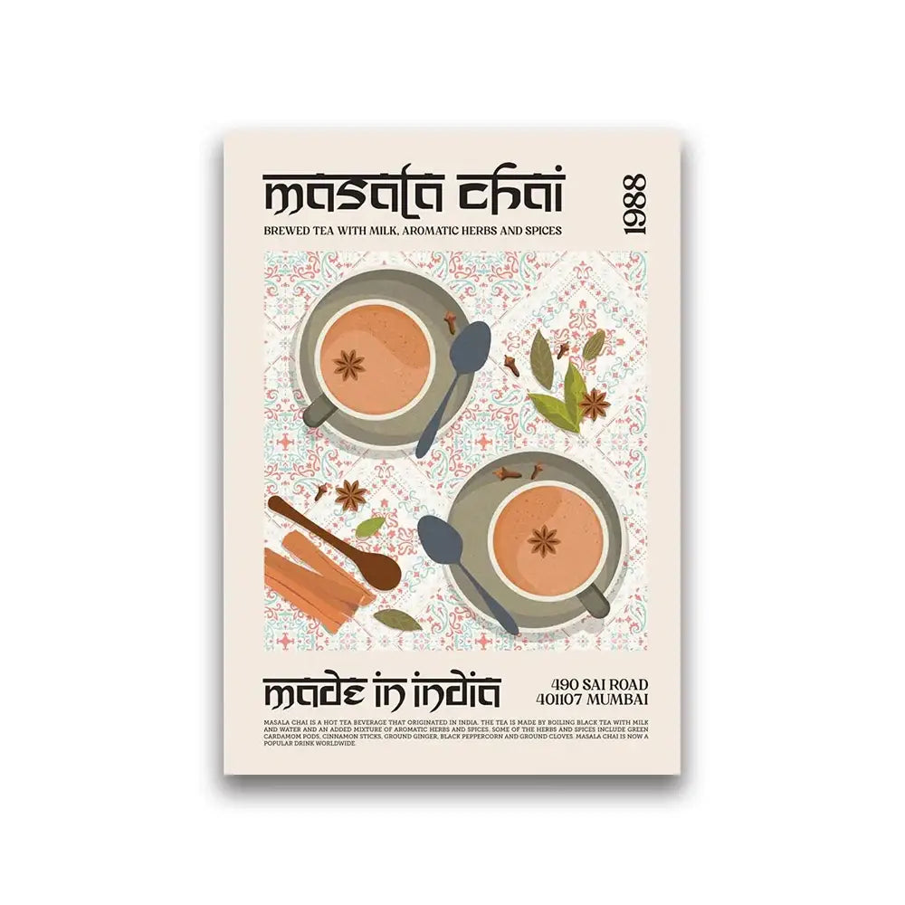 Beige food canvas painting featuring illustrated masala chai cups with spices on a patterned background by decorbites world cuisine