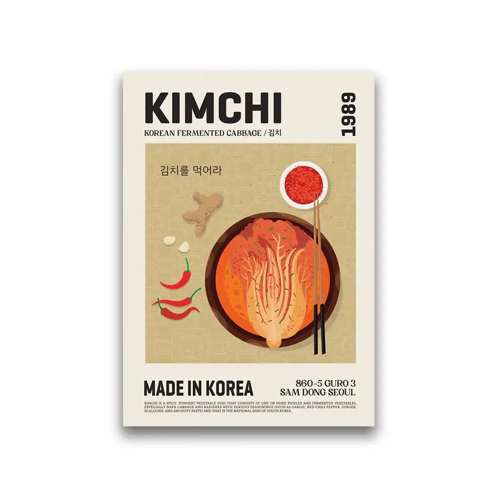 A beige food canvas poster by DecorBites™ featuring vibrant kimchi and spices in world cuisine food art
