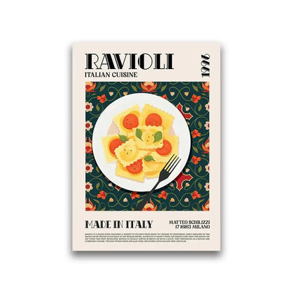 Decorbites™ world cuisine food canvas wall art featuring yellow ravioli with tomato and basil on dark green floral background