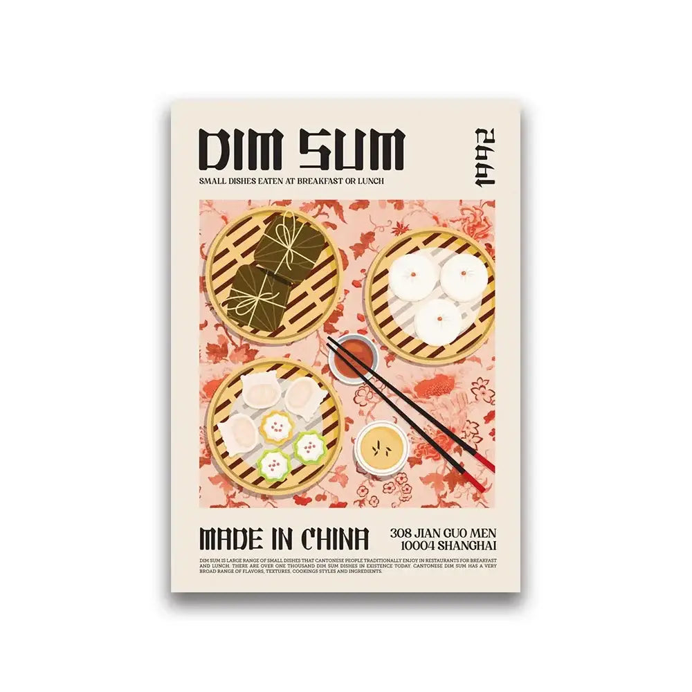 A rectangular food canvas poster from decorbites featuring world cuisine food dim sum dishes in bamboo steamers