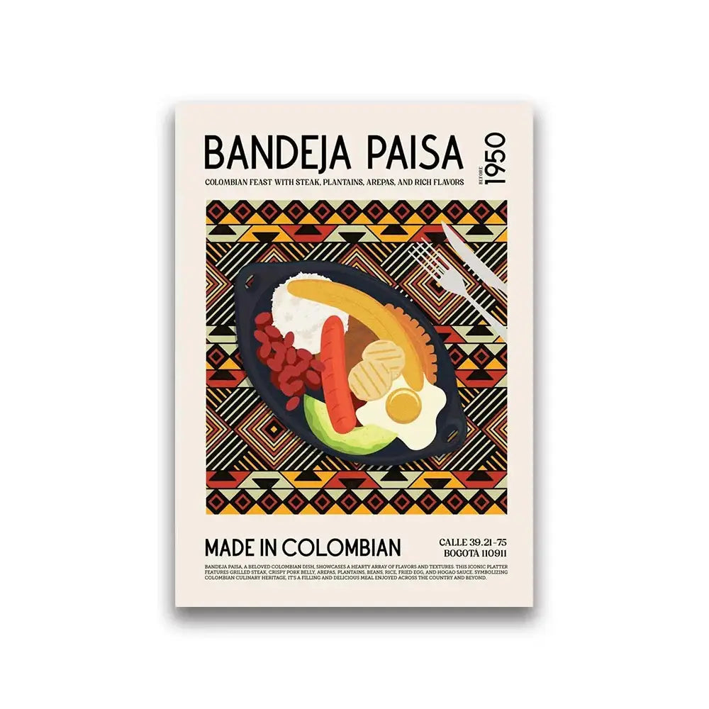 A stylized food canvas painting of colombian bandeja paisa in a black skillet with an earthy geometric background