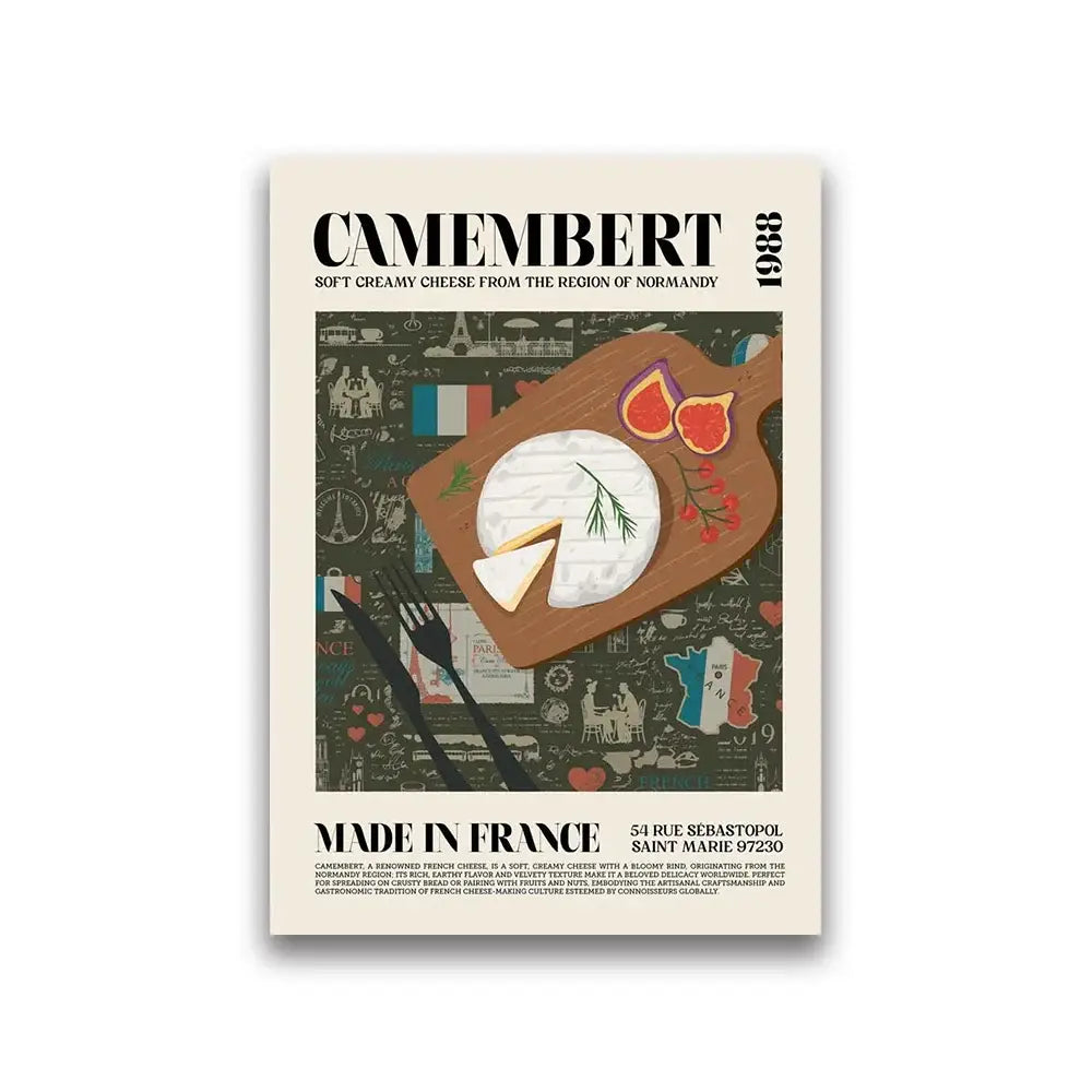Decorbites™ world cuisine food canvas wall art featuring a vintage-style poster of a white camembert cheese wheel with rosemary