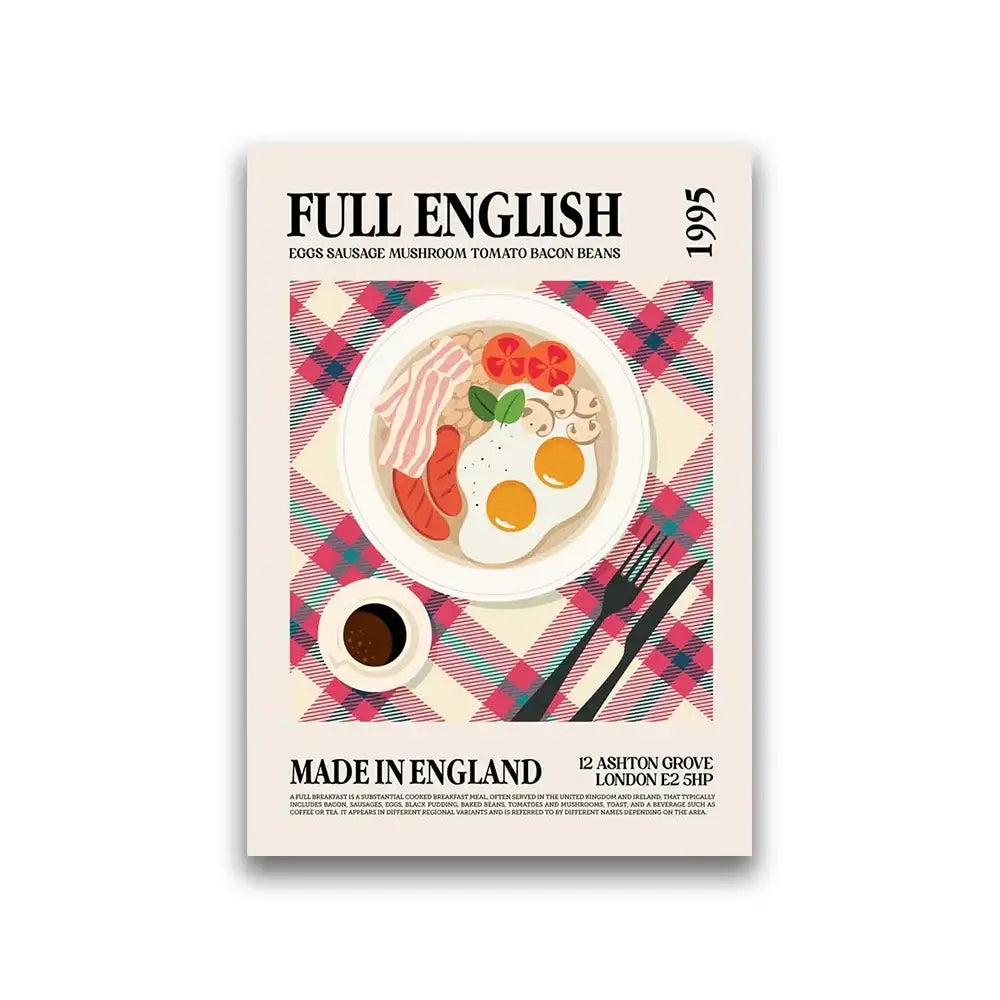 A vintage-style food canvas showing full English breakfast on white plate with red and blue plaid in DecorBites™ world cuisine art