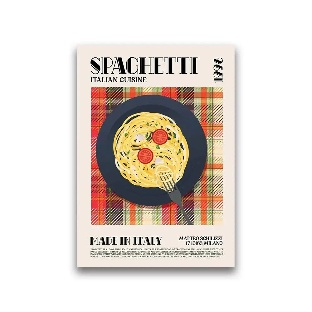 A vintage-style food canvas featuring stylized spaghetti on a dark plate with a red plaid background for world cuisine decor