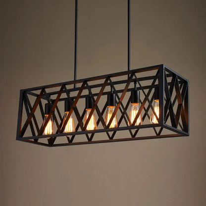 DecorBites wrought iron black rectangular hanging light fixture with geometric lattice and five Edison bulbs for bar island lighting