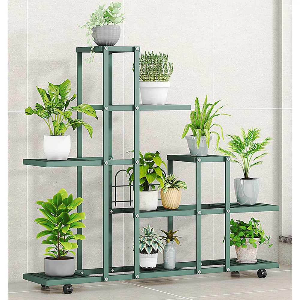 Green wrought iron plant stand by DecorBites with multiple shelves and wheels for easy plant display and mobility