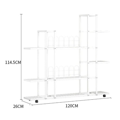 DecorBites™ white wrought iron plant stand with multiple shelves and wheels for easy indoor plant display