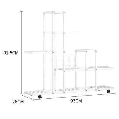 White wrought iron plant stand with multiple shelves and wheels by decorbites for indoor and outdoor use