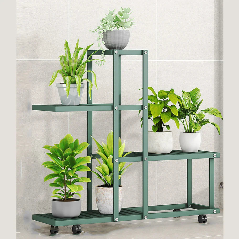 Decorbites™ wrought iron plant stand in green with four shelves and black caster wheels for easy mobility