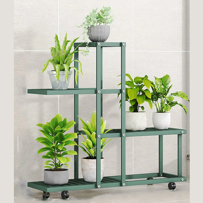 Decorbites™ wrought iron plant stand in green with four shelves and black caster wheels for easy mobility