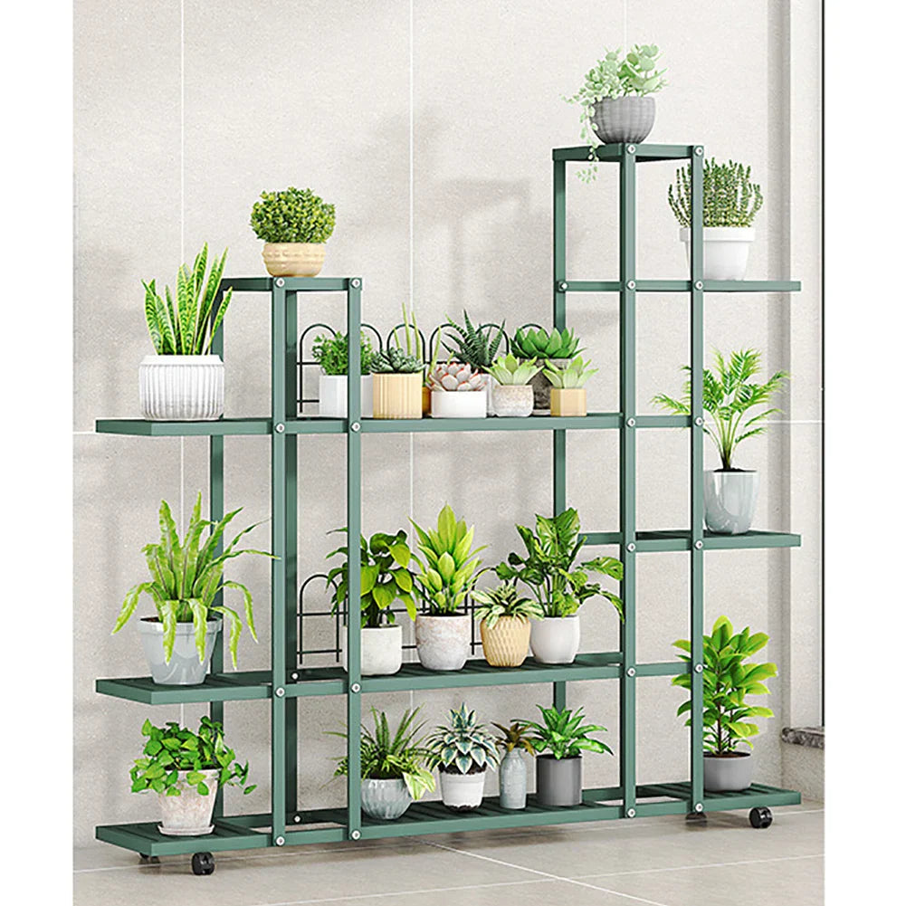 Decorbites™ green wrought iron plant stand with multiple shelves and wheels for easy mobility