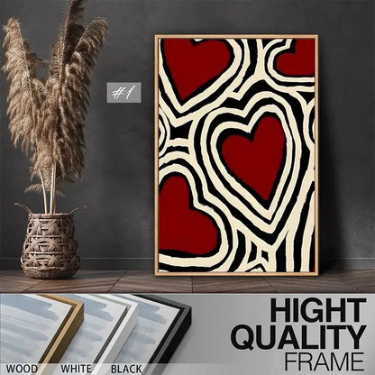 A framed DecorBites™ y2k rock style canvas poster with bold red hearts and black cream wavy lines in light wood frame