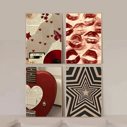 Red electric guitar with white heart-shaped pickguard and silver hardware in y2k rock style canvas poster decorbites™