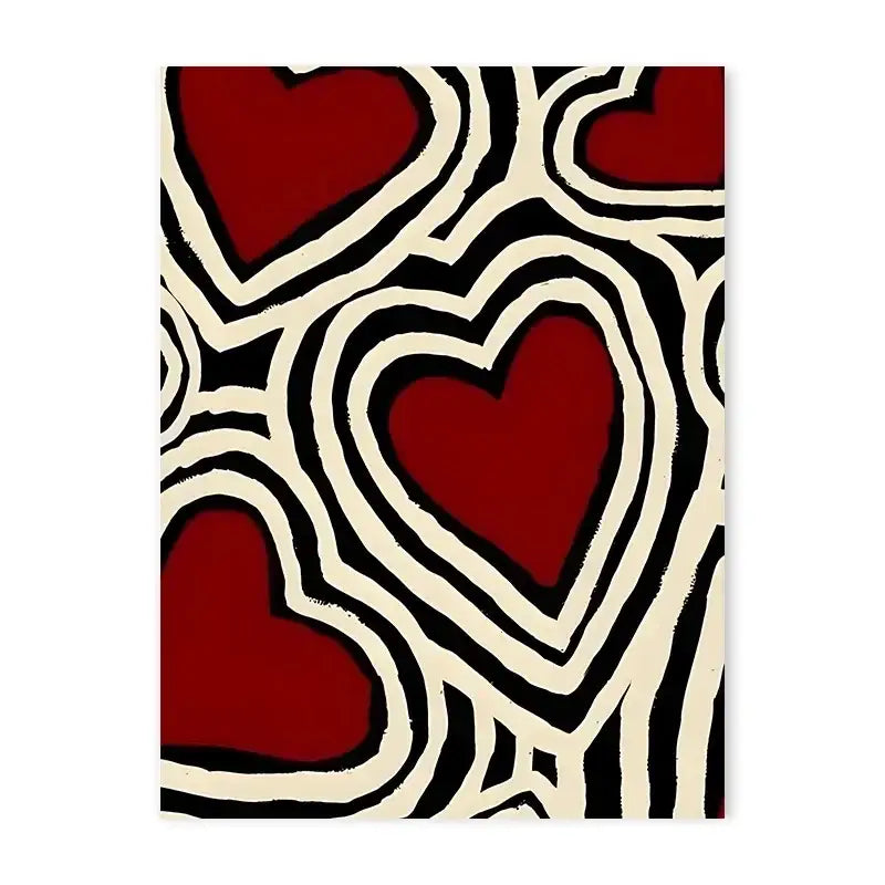 Decorbites y2k rock style canvas poster featuring red hearts with bold black and cream outlines in graphic art print