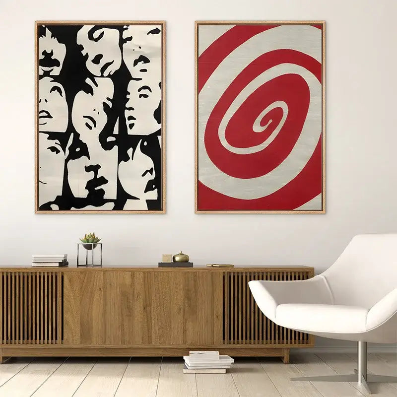 Two framed decorbites y2k rock style canvas posters feature black and white abstract portrait and red white spirals