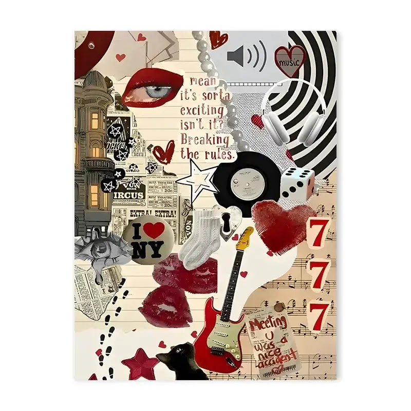 A vibrant y2k rock style canvas poster featuring a red electric guitar headphones and bold red lips on vintage background