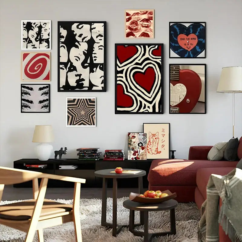 DecorBites™ y2k rock style canvas poster featuring vibrant red guitar-shaped frame with white heart cutout and black frame