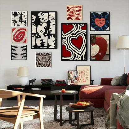 DecorBites™ y2k rock style canvas poster featuring vibrant red guitar-shaped frame with white heart cutout and black frame