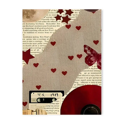 A y2k rock style canvas poster featuring a vintage beige burlap texture with red hearts and stars on aged newspaper text