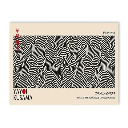 Beige decorbites canvas print featuring a black and white yayoi kusama flower art exhibition poster from japan 1986