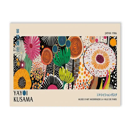 DecorBites yayoi kusama flower art poster large canvas print with vibrant pink orange green and black polka dot patterns