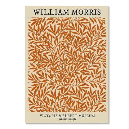 Rectangular floral canvas art with stylized orange willow leaves by william morris for victoria and albert museum inspired by yayoi kusama