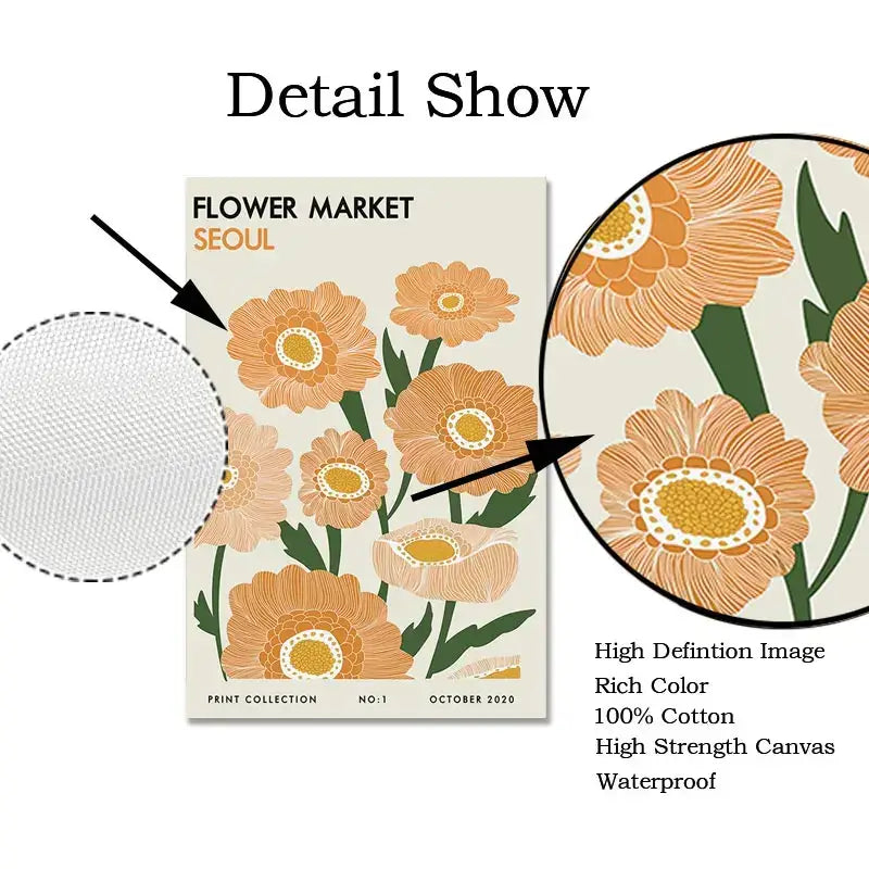A beige canvas tote bag with vibrant orange and green floral canvas art inspired by yayoi kusama and flower market seoul text