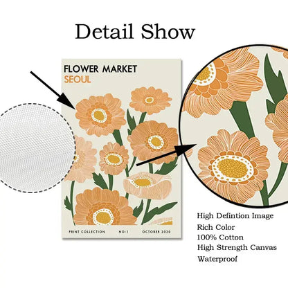 Beige canvas tote bag with vibrant orange green floral market print and flower market seoul text inspired by yayoi kusama floral canvas art