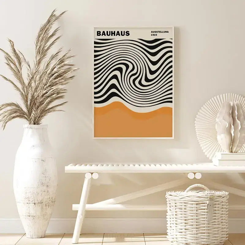 Black and white wavy line wall art with an orange wave framed as yayoi kusama inspired floral canvas art by decorbites