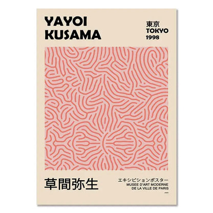 Minimalist decorbites™ floral canvas art featuring yayoi kusama inspired pink maze-like line pattern on cream background wall art