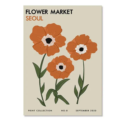 Decorbites™ yayoi kusama inspired floral canvas art featuring three orange flowers with black centers on beige wall art