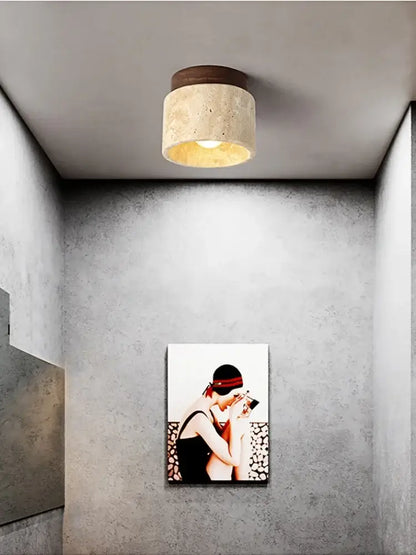 Decorbites™ yellow marble ceiling light with textured off-white concrete body and dark wooden top for home or commercial use