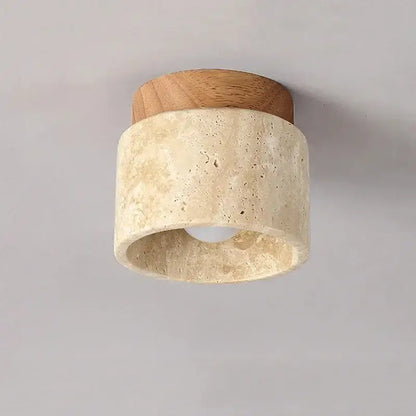 Decorbites™ yellow marble ceiling light with rounded shape natural wood top and textured beige stone body for home or commercial use