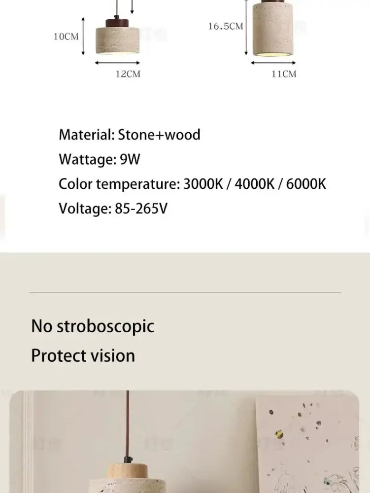 DecorBites™ yellow stone led pendant chandelier with textured stone and wood in a warm minimalist retro Nordic style