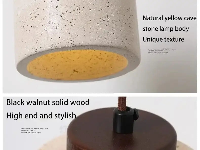 DecorBites™ yellow stone led pendant with natural textured stone lamp body and black walnut wood base retro nordic style
