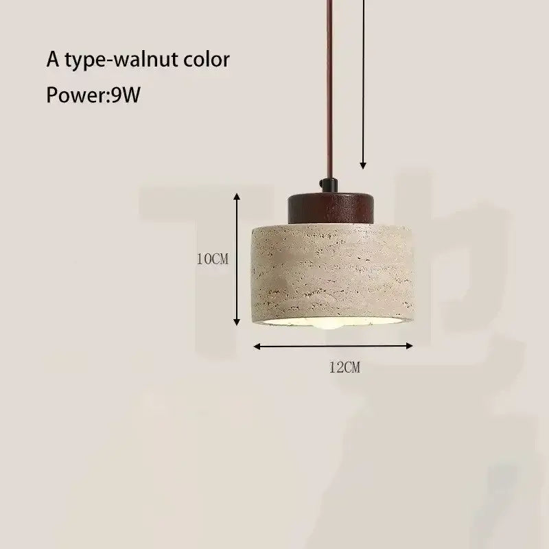 DecorBites™ yellow stone led pendant chandelier with cylindrical concrete shade and walnut metal top, retro nordic style