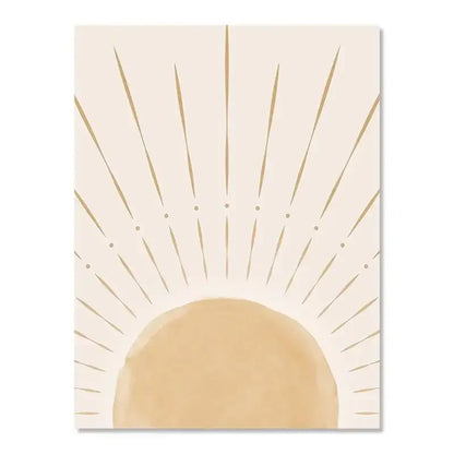 Beige and gold minimalist sun rising horizon wall art by DecorBites™ featuring elegant sunburst design