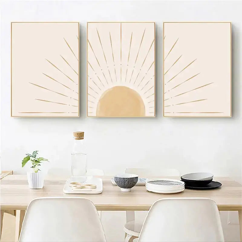 DecorBites™ yellow sun rising horizon wall art featuring three beige panels with gold rays in light wood frames