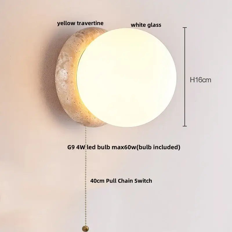 Modern yellow travertine wall sconce with textured base and white glass globe includes g9 led bulb for bedroom decorbites yellow travertine