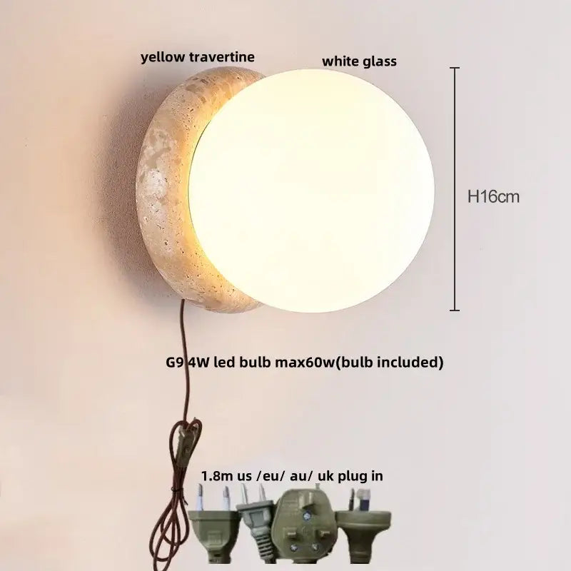 Modern wall sconce with a rounded glass globe and textured yellow travertine base for bedroom decorbites yellow travertine
