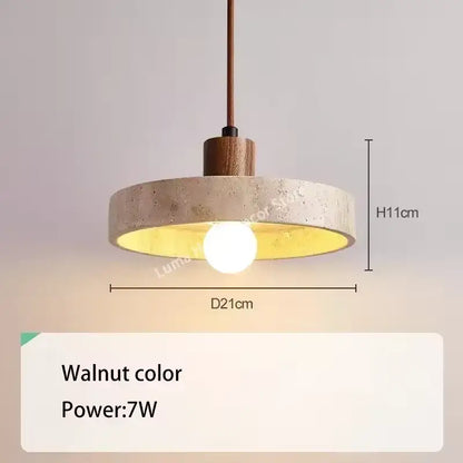 Decorbites yellow travertine pendant light with circular concrete stone pendant shade and walnut fixture for kitchen island