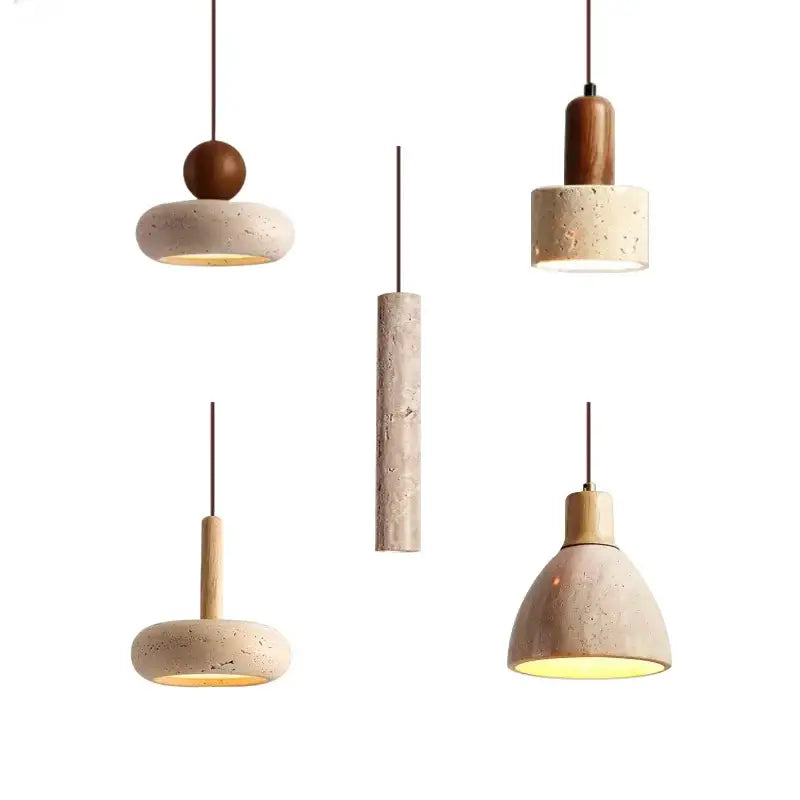 Decorbites yellow travertine pendant light is a minimalist stone pendant light with warm concrete and wood tones for kitchen islands