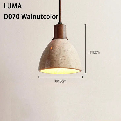 DecorBites yellow travertine pendant light with walnut wood top and speckled beige stone pendant shade for kitchen island