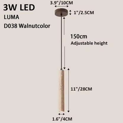 Walnut-colored cylindrical stone pendant light with textured concrete finish and adjustable height for kitchen island