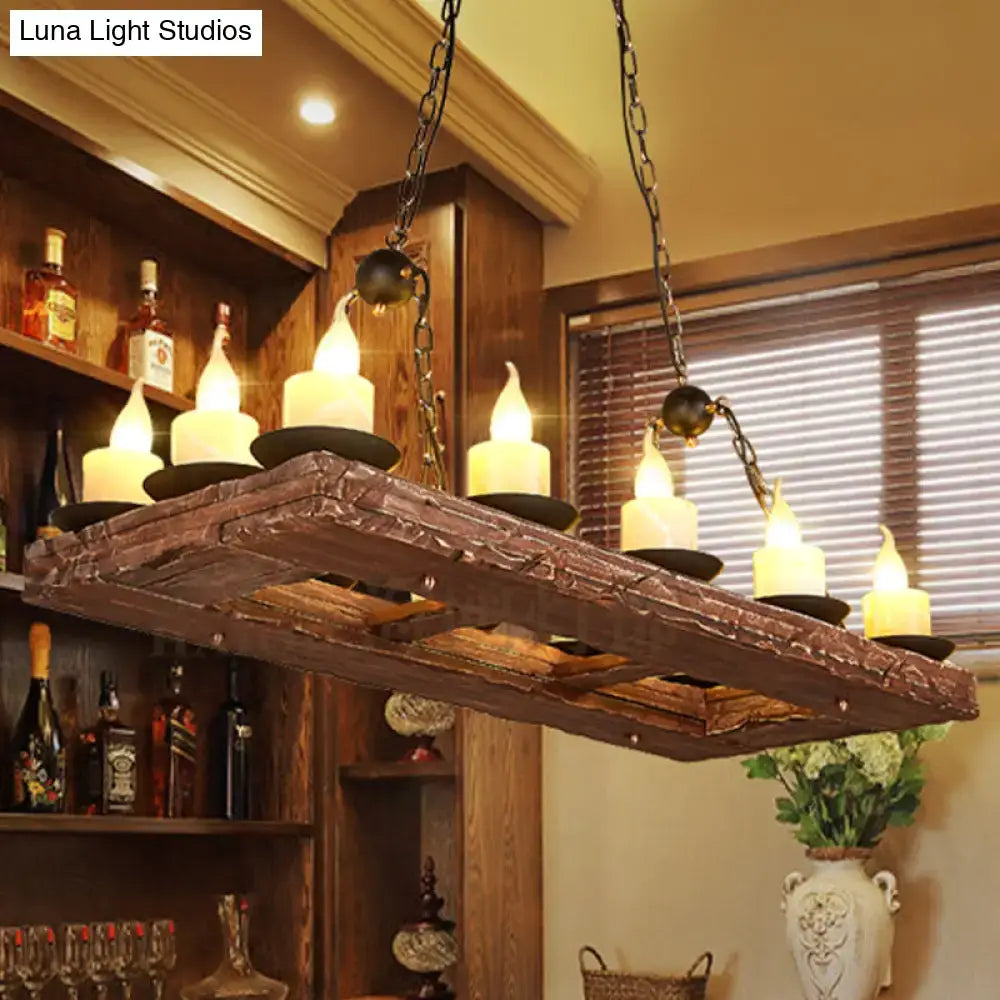 Rustic wooden chandelier with six candle-style e12 e14 lights and dark metal chains for warehouse style decorbites pendant light