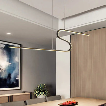 Modern minimalist z-shaped linear island light pendant in black metal with warm white led for dining room and kitchen