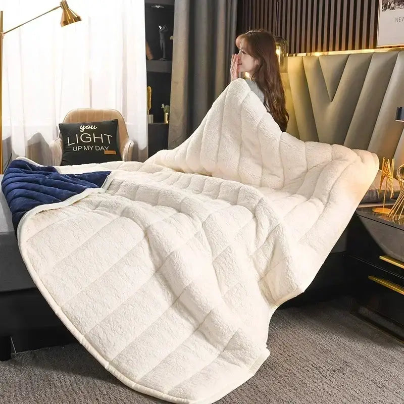 Cream-colored plush quilted blanket with soft fleece texture and navy blue lining in decorbites cozy flannel fleece style