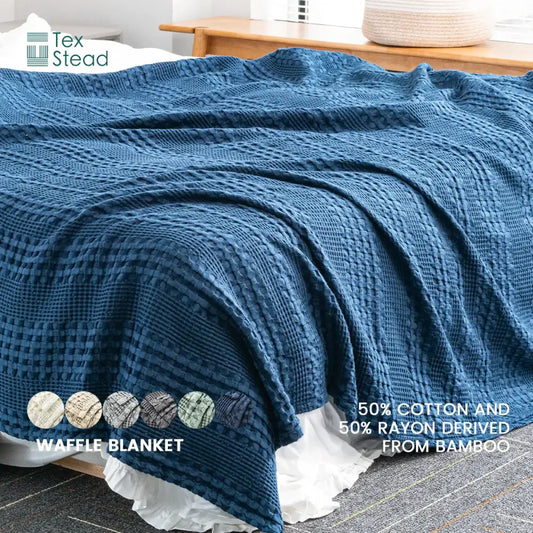 Deep blue bamboo cotton waffle lightweight throw blanket made from 50 percent cotton and bamboo rayon decorbites bamboo cotton