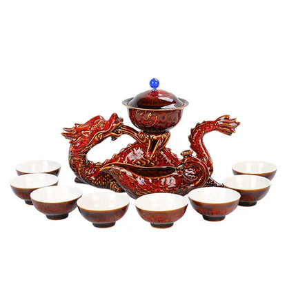 Red ceramic dragon kung fu tea set with glossy glaze and blue bead lid accent for decorbites dragon kung decorbites kung fu tea