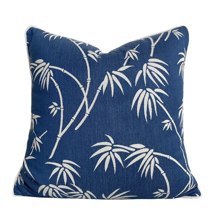 Deep blue geometric jacquard cushion cover with white bamboo leaf pattern for living room decorbites geometric jacquard decor
